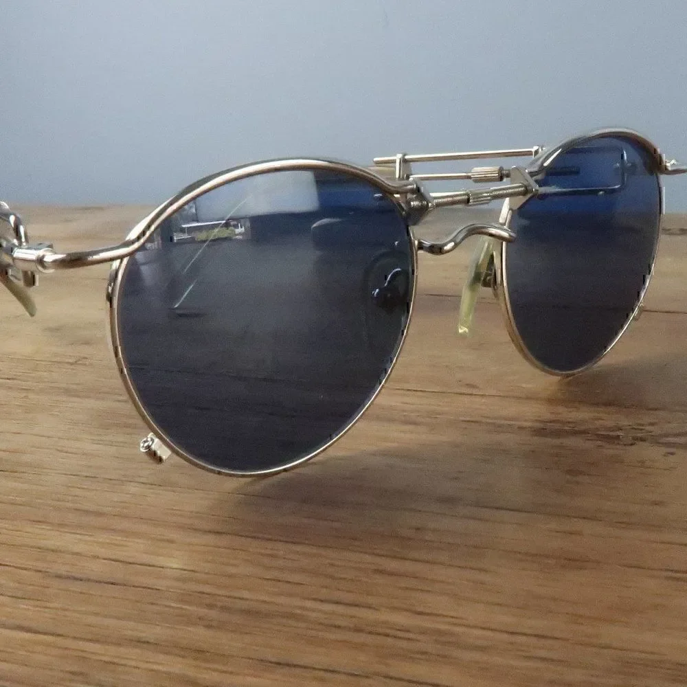 JEAN PAUL GAULTIER SILVER WITH BLUE LENS #56-0174 VINTAGE STEAMPUNK SUNGLASSES
